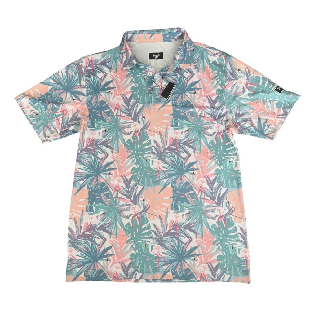 WAGGLE Golf Polo Shirt Men's Medium Flamingo Tropical Performance Stretch Beach